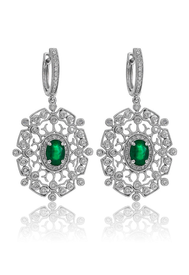 14K White Gold Emerald and Diamond Earrings, 2.03 TCW