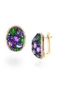 14K Yellow Gold Multi Gemstone & Diamond Earrings with oval clusters of green, purple, and blue stones accented by small clear diamonds, shown on a white background.
