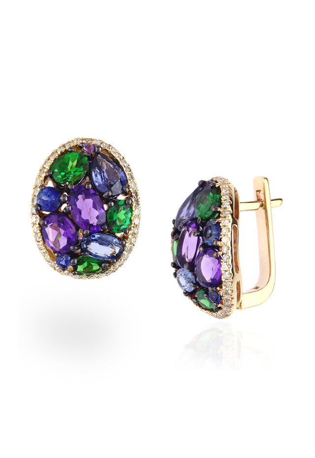 14K Yellow Gold Multi Gemstone & Diamond Earrings with oval clusters of green, purple, and blue stones accented by small clear diamonds, shown on a white background.