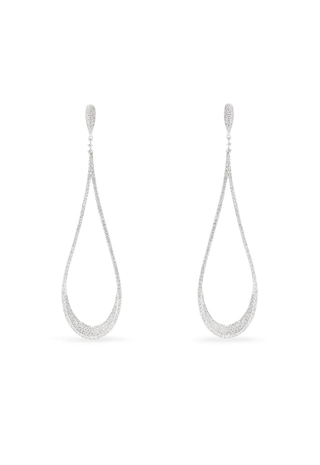 Pave Classica 14K white gold diamond statement drop earrings, 1.63 TCW, featuring an elegant teardrop shape and delicate open design, displayed on a white background.