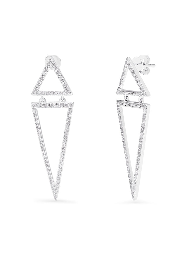 The Pave Classica 14K White Gold Diamond Triangle Linear Drop Earrings (0.59 TCW) feature two open diamond-studded triangles—one upright, one inverted—joined together for a modern yet classic look.