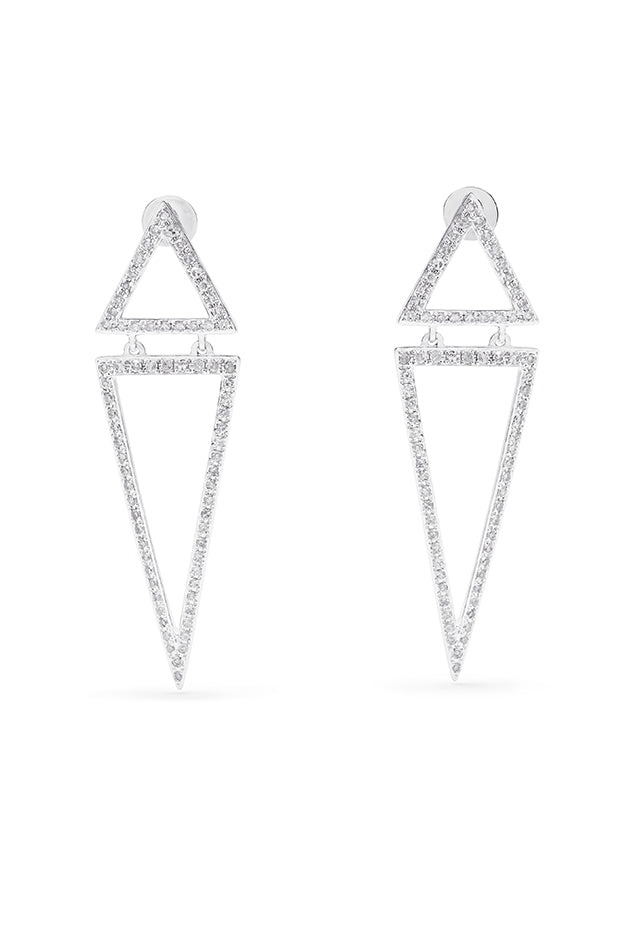 The Pave Classica 14K White Gold Diamond Triangle Linear Drop Earrings (0.59 TCW) feature two open diamond-studded triangles—one upright, one inverted—joined together for a modern yet classic look.