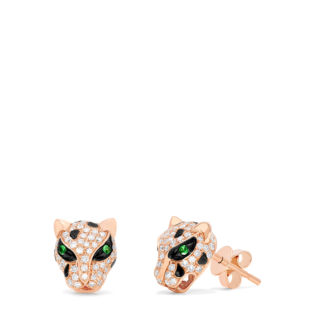 The Signature 14K Rose Gold Diamond and Tsavorite Stud Earrings (0.49 TCW) feature panther-shaped studs with diamond gemstones and vivid green tsavorite eyes, shown on a plain white background.