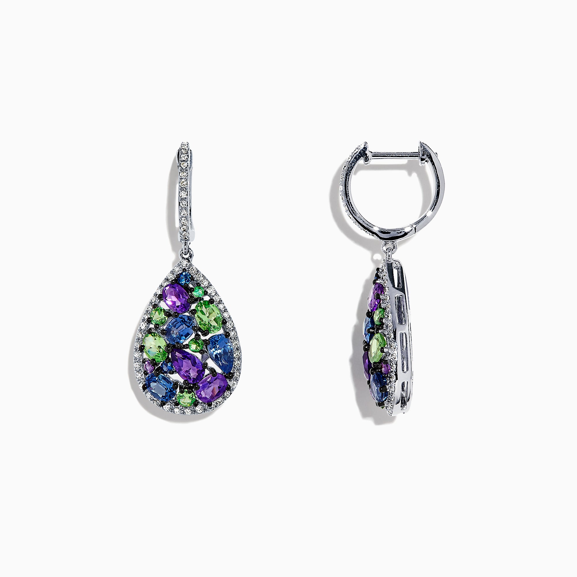 The Watercolors 14K White Gold Multi Gemstone & Diamond Earrings, 4.28 TCW, feature teardrop shapes with purple, green, and blue gemstones, displayed from the front and side on a white background.
