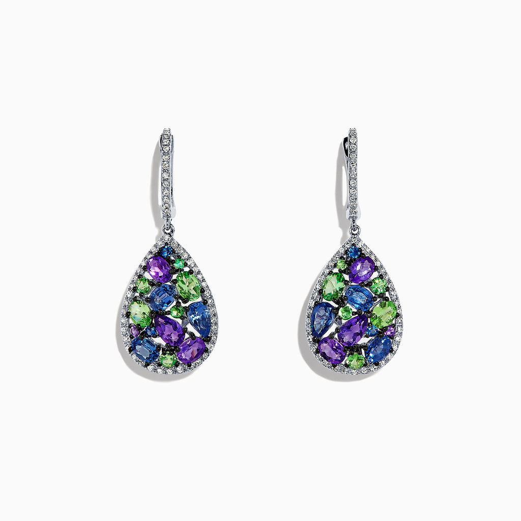 The Watercolors 14K White Gold Multi Gemstone & Diamond Earrings (4.28 TCW) feature teardrop shapes with clustered blue, green, and purple gemstones, clear diamonds, and silver hooks, shown on a white background.