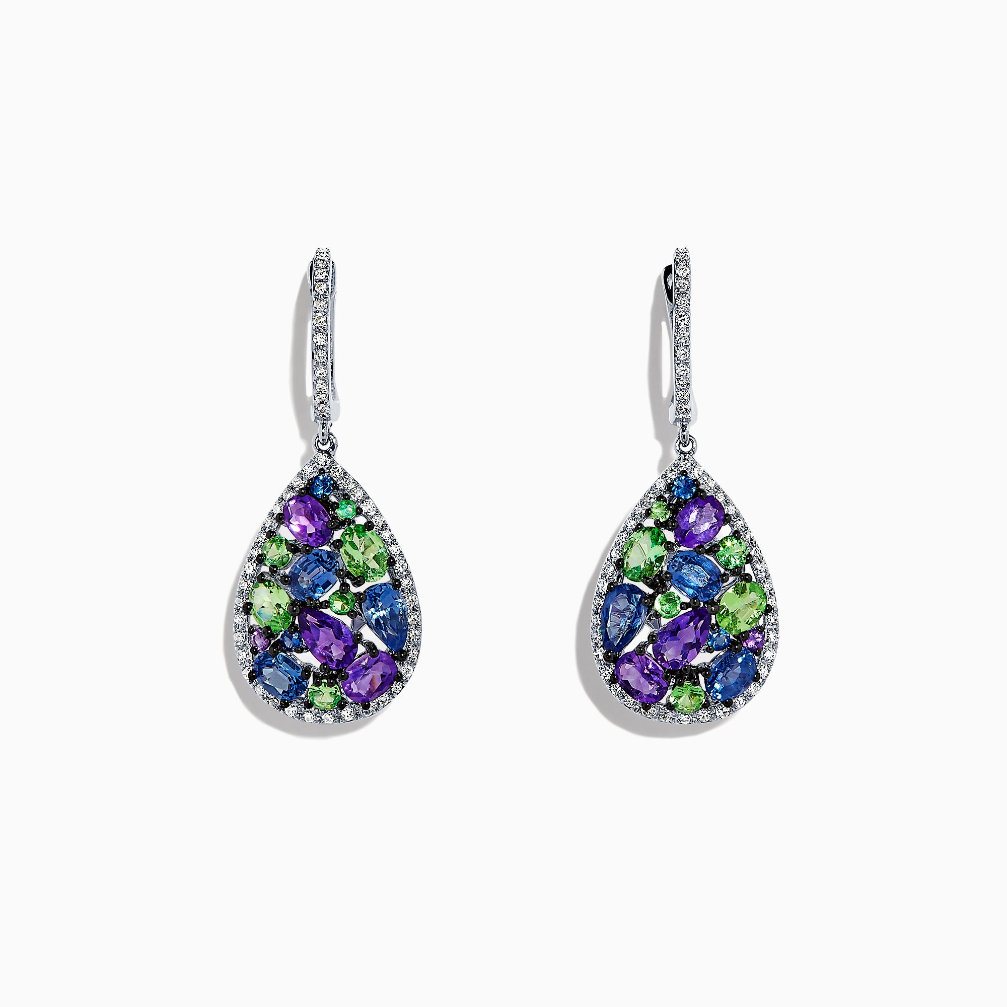 The Watercolors 14K White Gold Multi Gemstone & Diamond Earrings (4.28 TCW) feature teardrop shapes with clustered blue, green, and purple gemstones, clear diamonds, and silver hooks, shown on a white background.