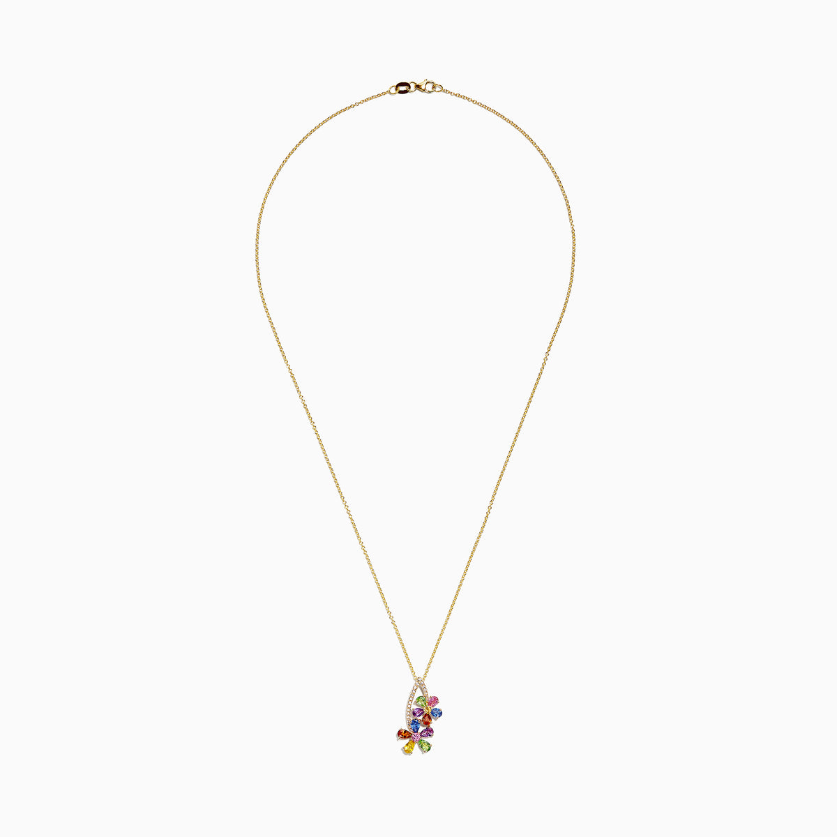 The Watercolors 14K Yellow Gold Multi Sapphire & Diamond Pendant (2.71 TCW) features a flower-shaped sapphire design with a curved row of sparkling diamonds on a yellow gold chain necklace.
