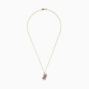 The Watercolors 14K Yellow Gold Multi Sapphire & Diamond Pendant (2.71 TCW) features a flower-shaped sapphire design with a curved row of sparkling diamonds on a yellow gold chain necklace.