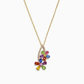 The Watercolors 14K Yellow Gold Multi Sapphire & Diamond Pendant (2.71 TCW) features a flower-shaped sapphire design with a curved row of sparkling diamonds on a yellow gold chain necklace.