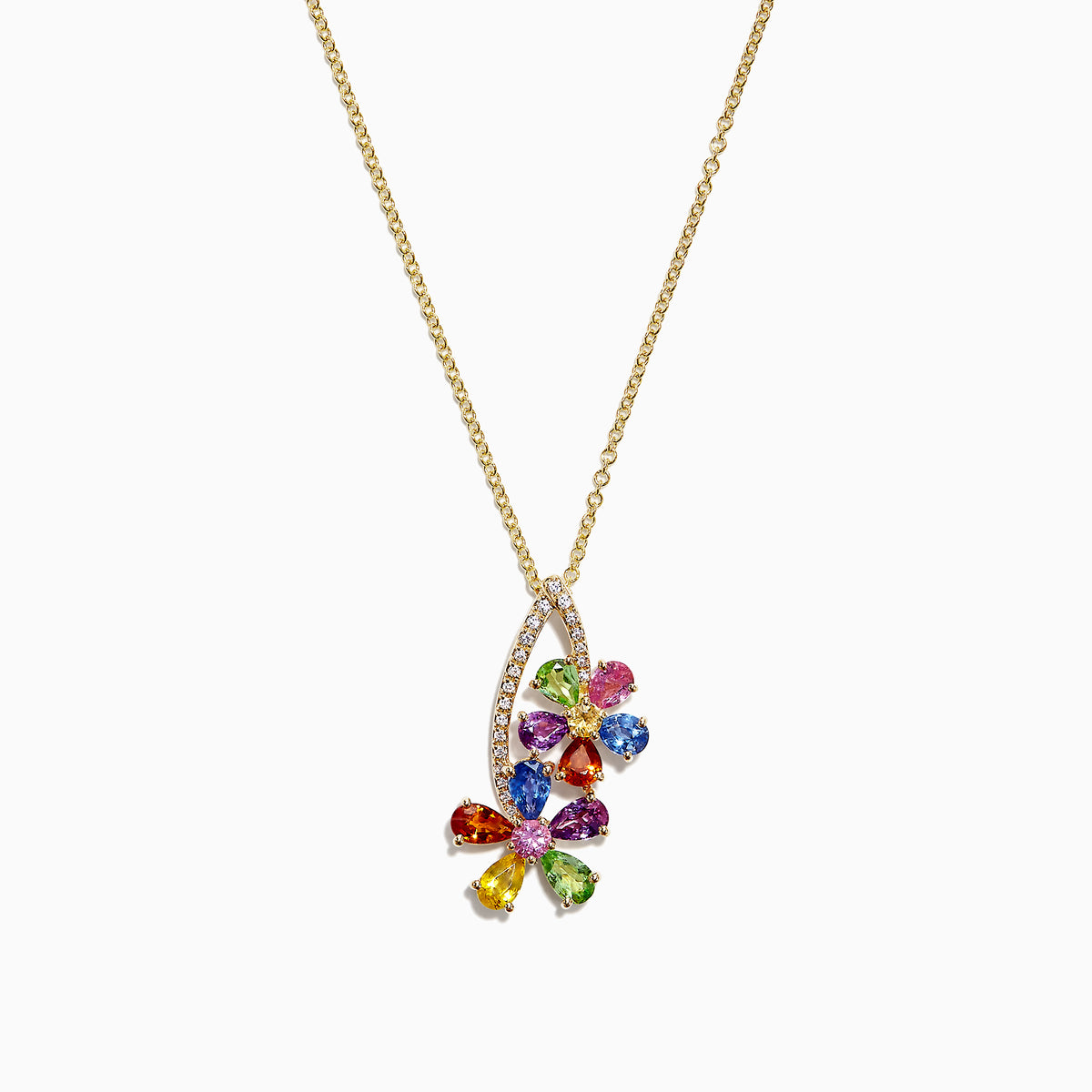 The Watercolors 14K Yellow Gold Multi Sapphire & Diamond Pendant (2.71 TCW) features a flower-shaped sapphire design with a curved row of sparkling diamonds on a yellow gold chain necklace.