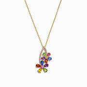 The Watercolors 14K Yellow Gold Multi Sapphire & Diamond Pendant (2.71 TCW) features a flower-shaped sapphire design with a curved row of sparkling diamonds on a yellow gold chain necklace.