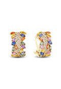 Watercolors 14K Yellow Gold Multi Sapphire & Diamond Earrings, 4.2 TCW, feature a curved design with small white diamonds and marquise-shaped sapphires in blue, orange, pink, green, and yellow for a vibrant look.