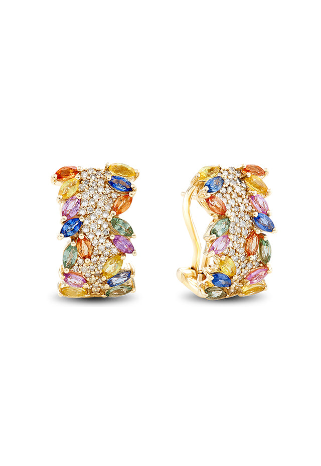 Watercolors 14K Yellow Gold Multi Sapphire & Diamond Earrings, 4.2 TCW, feature a curved design with small white diamonds and marquise-shaped sapphires in blue, orange, pink, green, and yellow for a vibrant look.