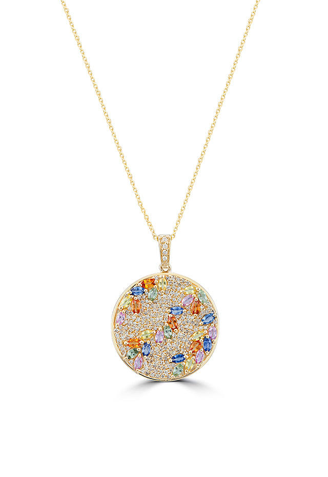 The Watercolors 14K Yellow Gold Multi Sapphire & Diamond Pendant (4.26 TCW) features a round, ornate design with sparkling sapphires and diamonds in various shapes and sizes on a yellow gold chain necklace.