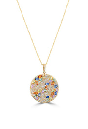 The Watercolors 14K Yellow Gold Multi Sapphire & Diamond Pendant (4.26 TCW) features a round, ornate design with sparkling sapphires and diamonds in various shapes and sizes on a yellow gold chain necklace.