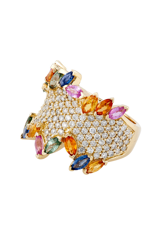 The Watercolors 14K Yellow Gold Multi Sapphire and Diamond Ring, 4.60 TCW, features clusters of white diamonds and marquise-cut sapphires in blue, green, pink, orange, and yellow set in an intricate band design.