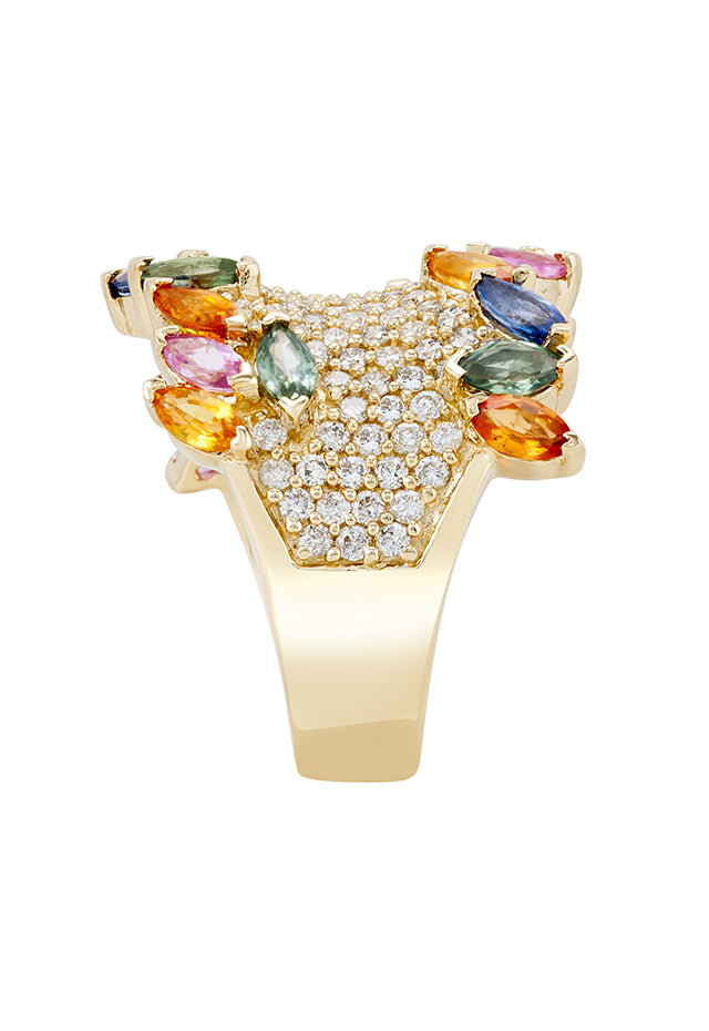 The Watercolors 14K Yellow Gold Multi Sapphire and Diamond Ring, 4.60 TCW, features clusters of white diamonds and marquise-cut sapphires in blue, green, pink, orange, and yellow set in an intricate band design.