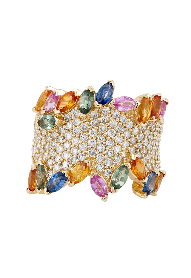 The Watercolors 14K Yellow Gold Multi Sapphire and Diamond Ring, 4.60 TCW, features clusters of white diamonds and marquise-cut sapphires in blue, green, pink, orange, and yellow set in an intricate band design.