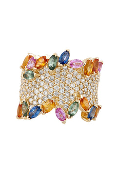The Watercolors 14K Yellow Gold Multi Sapphire and Diamond Ring, 4.60 TCW, features clusters of white diamonds and marquise-cut sapphires in blue, green, pink, orange, and yellow set in an intricate band design.