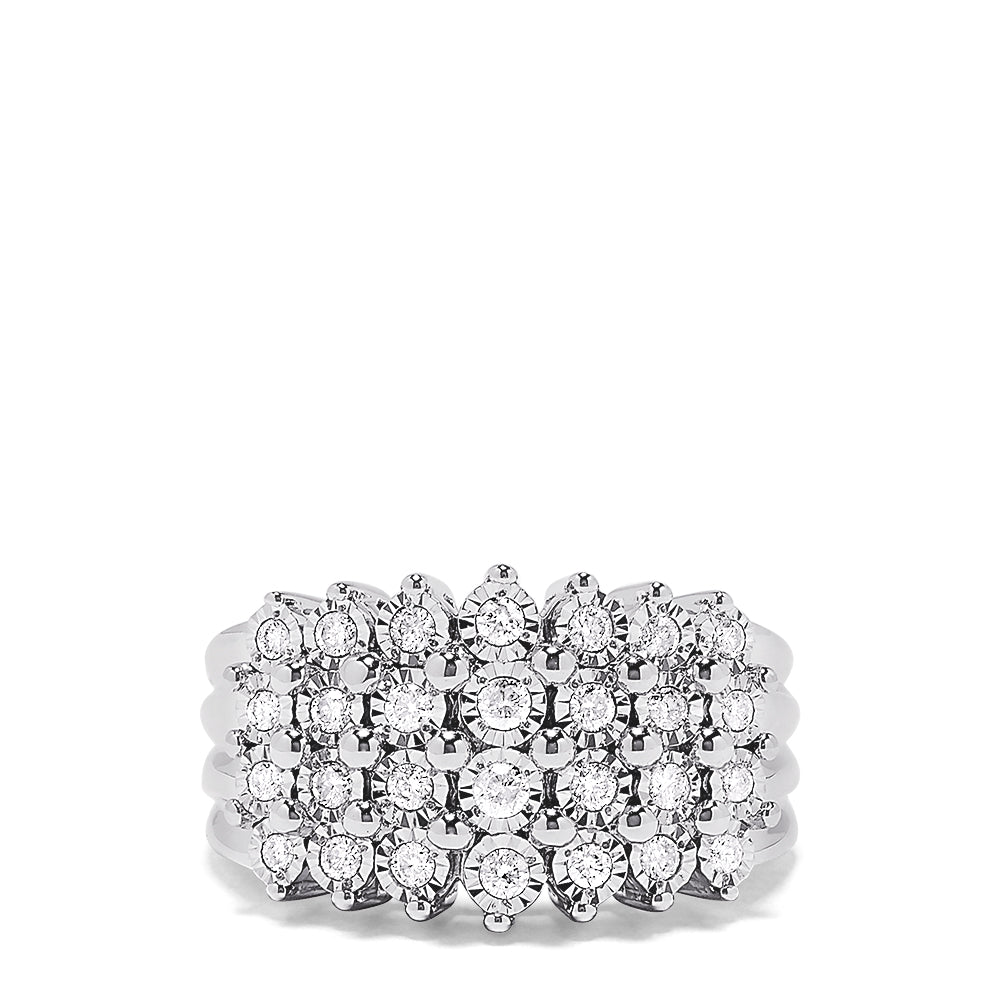 The 925 Sterling Silver Diamond Ring features three rows of round, sparkling diamonds totaling 0.49 TCW, set in a floral cluster design on a white background.