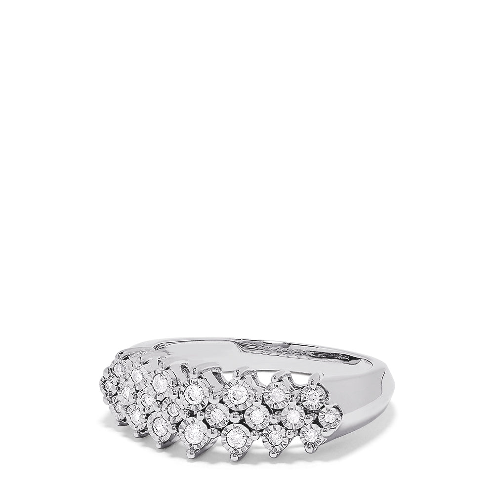 The 925 Sterling Silver Diamond Ring, 0.20 TCW, showcases a row of clustered round white diamonds in a symmetrical design on a sterling silver band, displayed against a white background.