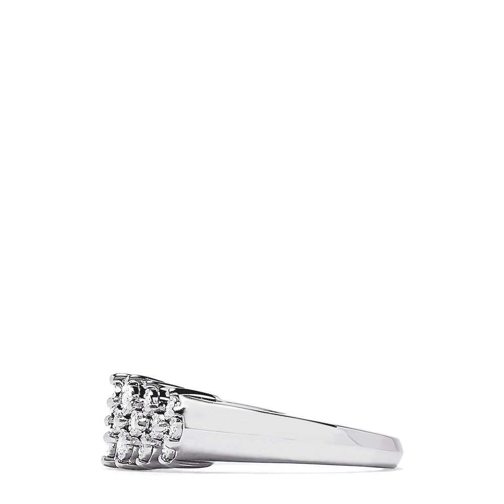 The 925 Sterling Silver Diamond Ring, 0.20 TCW, showcases a row of clustered round white diamonds in a symmetrical design on a sterling silver band, displayed against a white background.