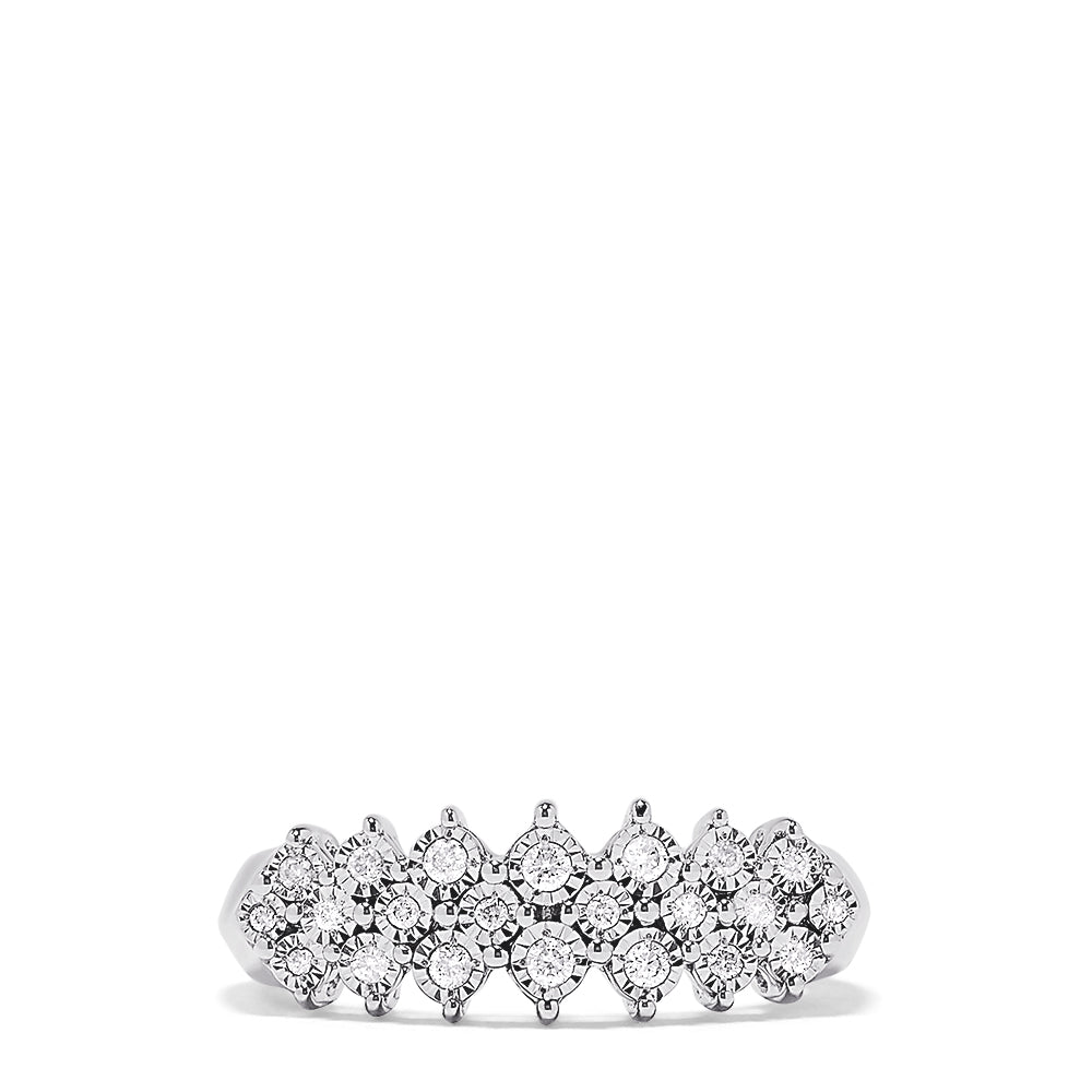 The 925 Sterling Silver Diamond Ring, 0.20 TCW, showcases a row of clustered round white diamonds in a symmetrical design on a sterling silver band, displayed against a white background.