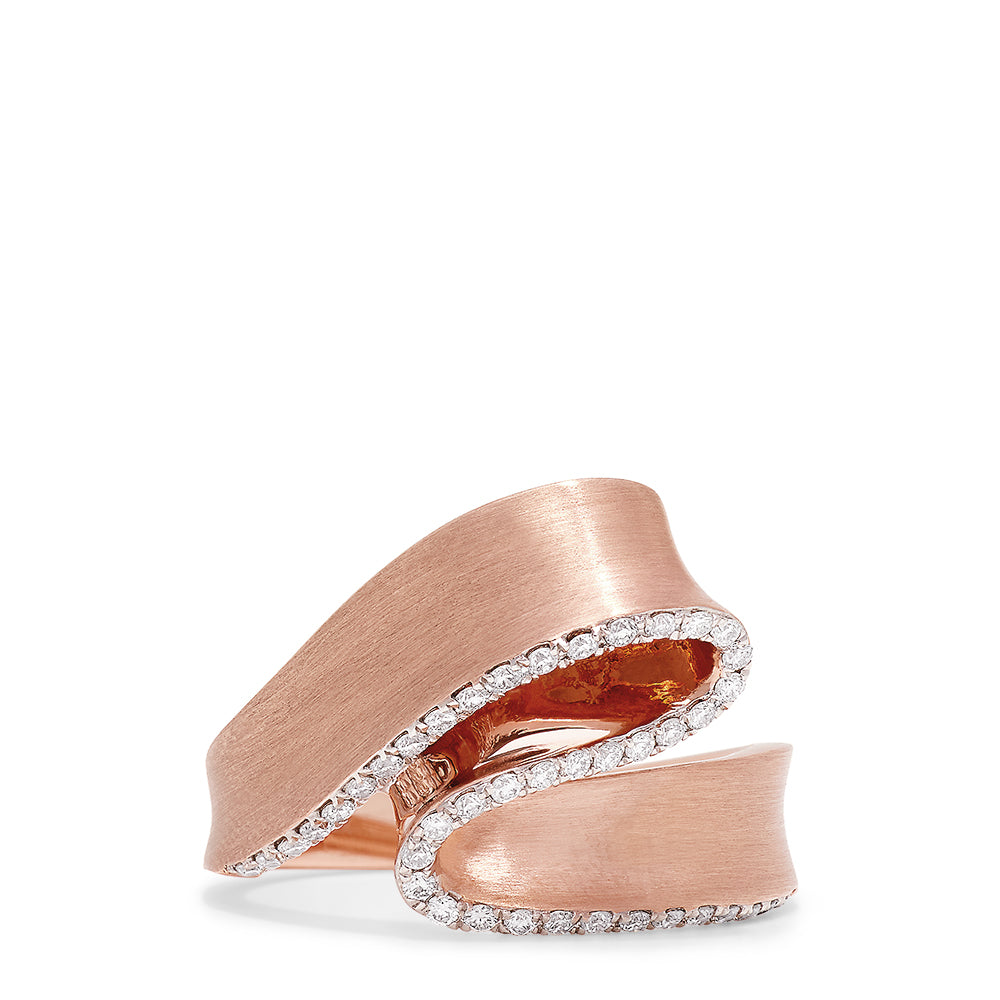 The Pave Rose 14K Rose Gold Diamond Ribbon Ring, 0.26 TCW features a wavy, overlapping design outlined with Effy-style sparkling diamonds and a polished matte finish for subtle elegance.