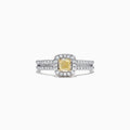The Canare 18K Two-Tone Gold Yellow and White Diamond Ring features a square yellow and white diamond center, haloed by white diamonds with a double diamond band. Total carat weight: 0.72.