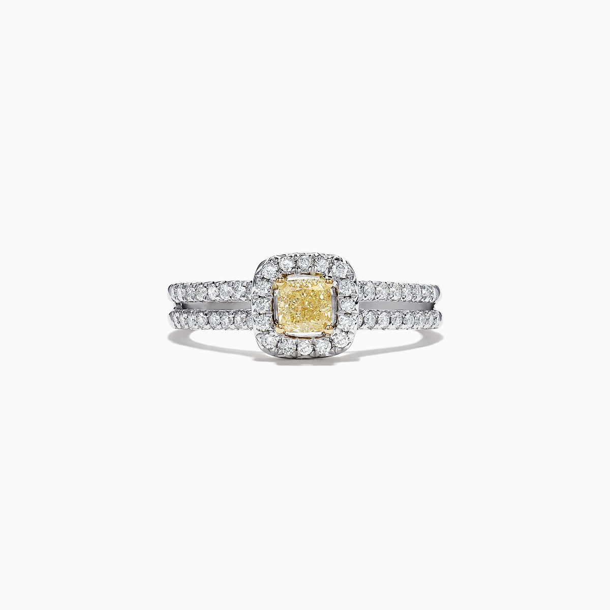 The Canare 18K Two-Tone Gold Yellow and White Diamond Ring features a square yellow and white diamond center, haloed by white diamonds with a double diamond band. Total carat weight: 0.72.