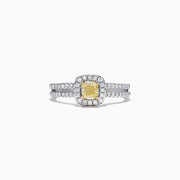 The Canare 18K Two-Tone Gold Yellow and White Diamond Ring features a square yellow and white diamond center, haloed by white diamonds with a double diamond band. Total carat weight: 0.72.