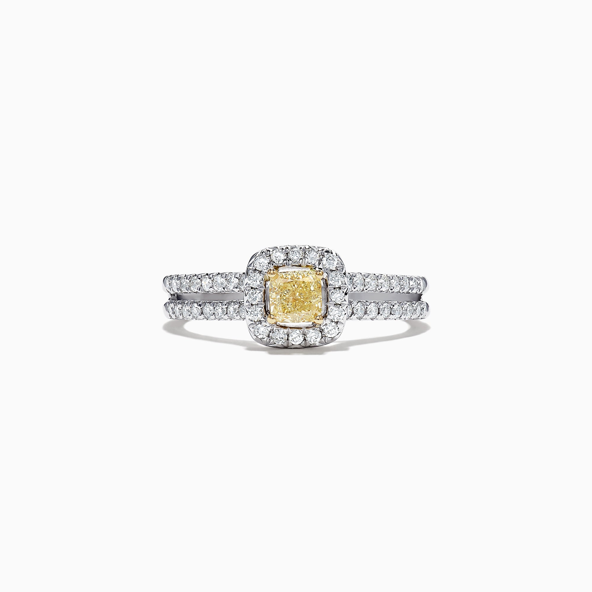 The Canare 18K Two-Tone Gold Yellow and White Diamond Ring features a square yellow and white diamond center, haloed by white diamonds with a double diamond band. Total carat weight: 0.72.