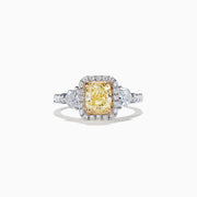 The Canare 18K Two-Tone Gold Cushion Cut Yellow Diamond Ring features a 2.19 TCW yellow center stone with a white diamond halo, two large side diamonds, and sparkling accents along the shank.