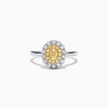 The Canare 18K Two-Tone Gold Oval Double Halo Yellow Diamond Ring, 0.65 TCW, features a central oval yellow diamond cluster and twin white diamond halos, elegantly set against a plain white background.