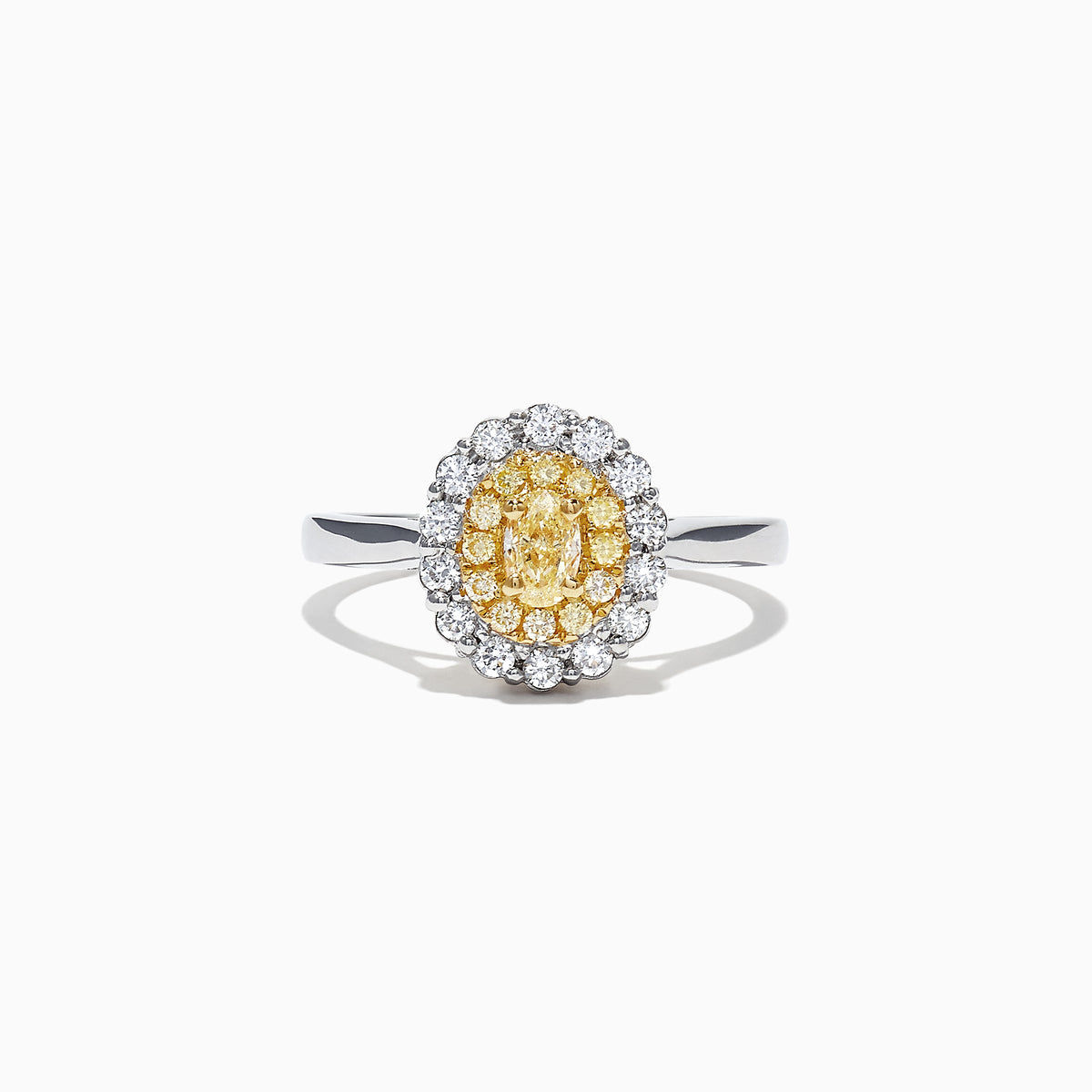 The Canare 18K Two-Tone Gold Oval Double Halo Yellow Diamond Ring, 0.65 TCW, features a central oval yellow diamond cluster and twin white diamond halos, elegantly set against a plain white background.