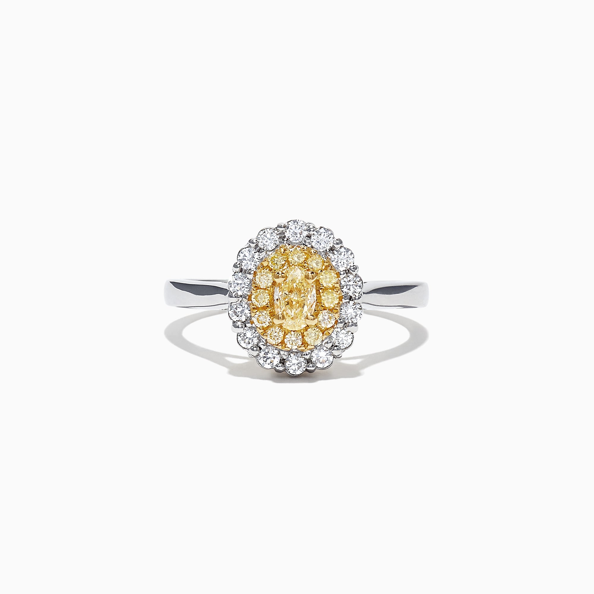 The Canare 18K Two-Tone Gold Oval Double Halo Yellow Diamond Ring, 0.65 TCW, features a central oval yellow diamond cluster and twin white diamond halos, elegantly set against a plain white background.