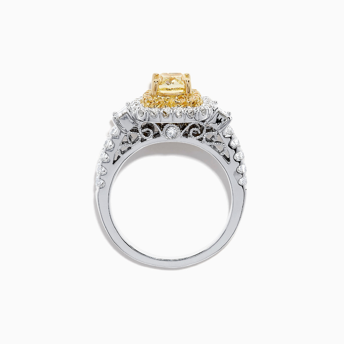 The Canare 18K Two-Tone Gold Cushion Cut Yellow Diamond Ring (1.98 TCW) features a double halo of white diamonds and a diamond-accented band, shown against a white background.