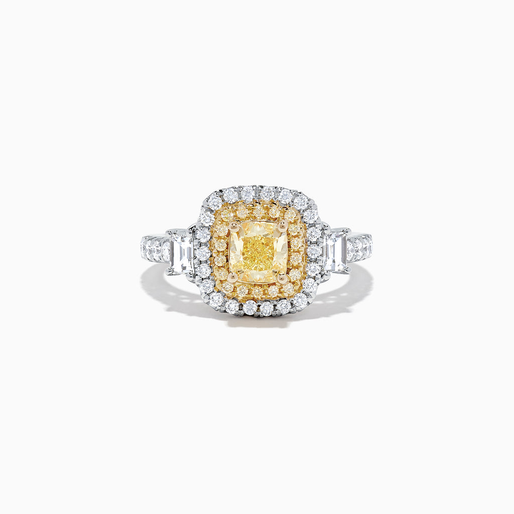 The Canare 18K Two-Tone Gold Cushion Cut Yellow Diamond Ring (1.98 TCW) features a double halo of white diamonds and a diamond-accented band, shown against a white background.