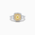 The Canare 18K Two-Tone Gold Cushion Cut Yellow Diamond Ring (1.98 TCW) features a double halo of white diamonds and a diamond-accented band, shown against a white background.