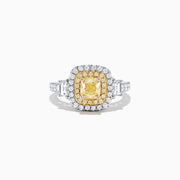 The Canare 18K Two-Tone Gold Cushion Cut Yellow Diamond Ring (1.98 TCW) features a double halo of white diamonds and a diamond-accented band, shown against a white background.