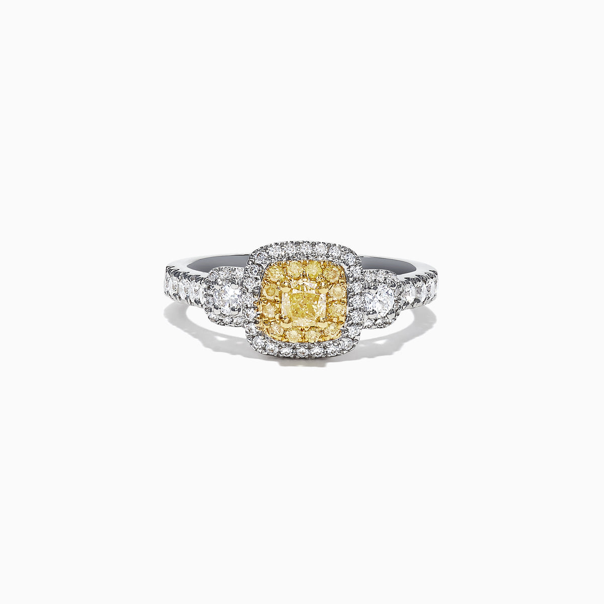 The Canare 18K Two-Tone Gold Cushion Double Halo Yellow Diamond Ring, 0.96 TCW, features a cushion-cut yellow diamond with a double white diamond halo and diamonds set along the band.