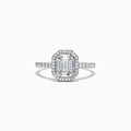 The Classique 14K White Gold Diamond Ring, 0.50 TCW, features an emerald-cut center stone with a diamond halo and diamonds along the band, displayed on a plain white background.