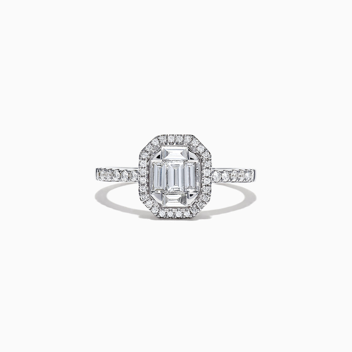 The Classique 14K White Gold Diamond Ring, 0.50 TCW, features an emerald-cut center stone with a diamond halo and diamonds along the band, displayed on a plain white background.