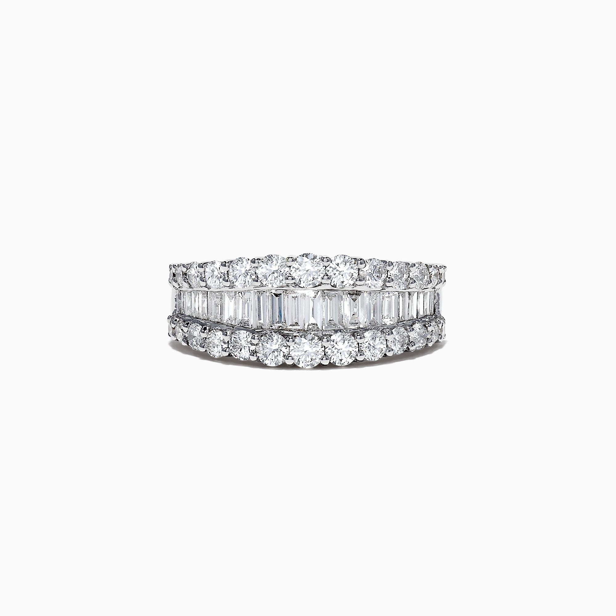 A close-up of the Classique 14K White Gold Diamond Band Ring, 1.55 TCW, showcasing two rows of round diamonds and a center row of baguette-cut diamonds in an elegant, symmetrical design against a white background.