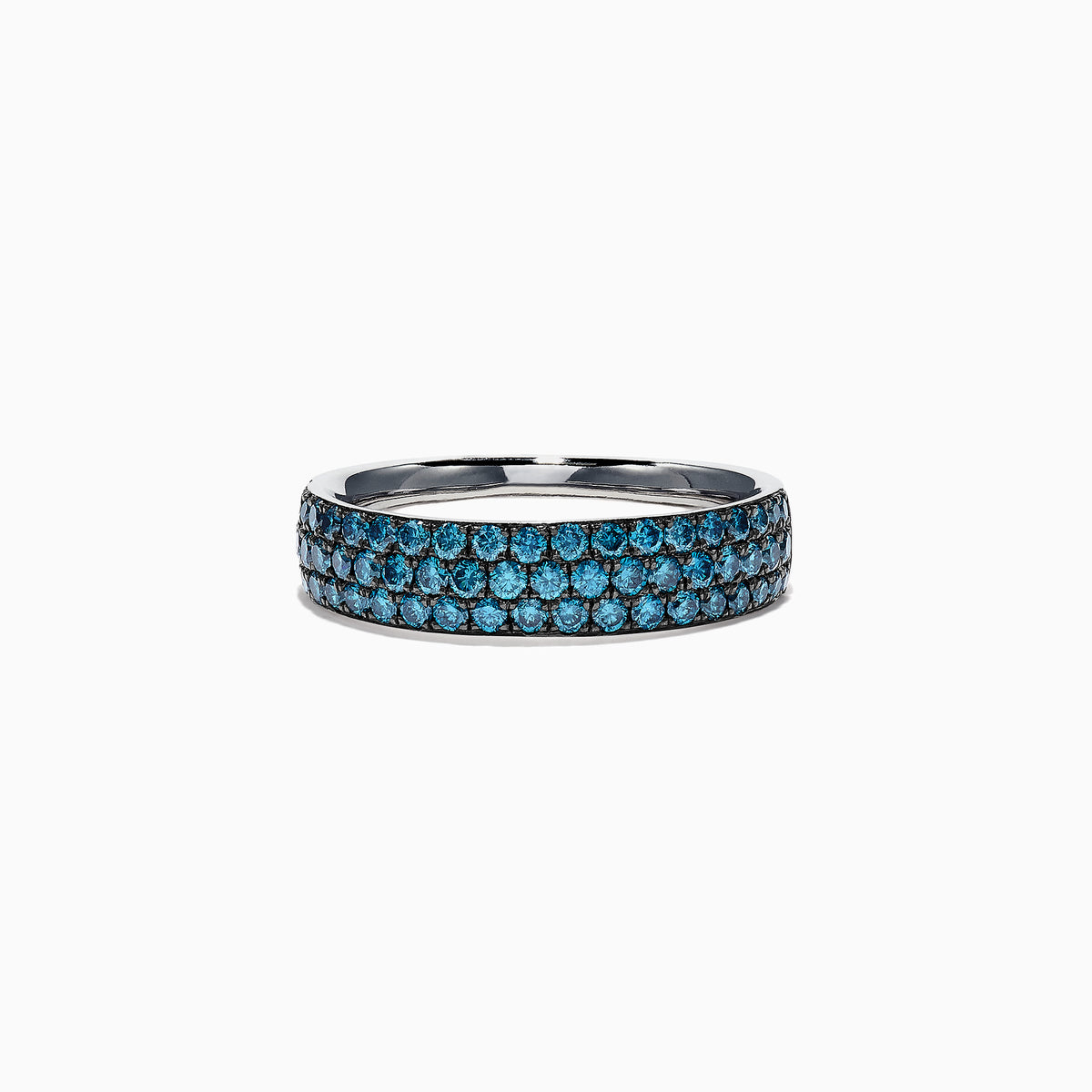 The Bella Bleu 14K White Gold Blue Diamond Band Ring, 0.87 TCW, showcases three rows of round blue diamonds set closely together across the band. The display features a plain white background.