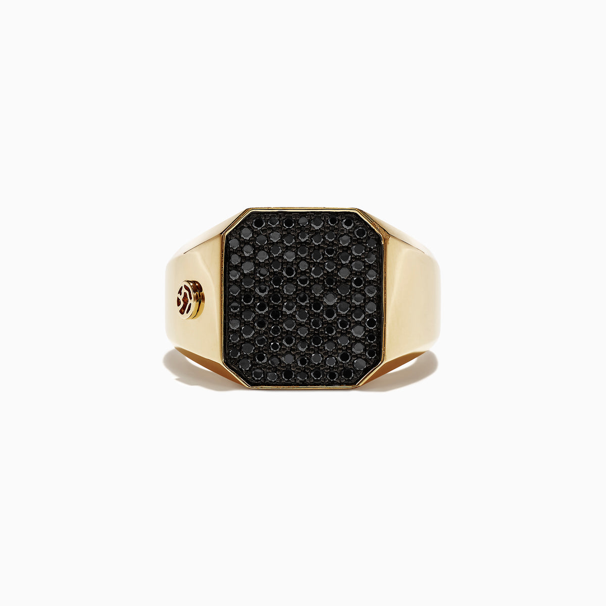 The Mens 14K Yellow Gold Black Diamond Signet Ring, 0.78 TCW features a wide band and an octagonal face set with black diamonds, plus a subtle side detail for a modern, bold style.