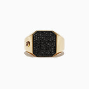 The Mens 14K Yellow Gold Black Diamond Signet Ring, 0.78 TCW features a wide band and an octagonal face set with black diamonds, plus a subtle side detail for a modern, bold style.