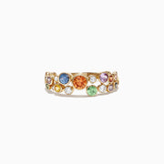 The Watercolors 14K Yellow Gold Multi-Sapphire and Diamond Ring, 1.03 TCW, features scattered blue, orange, green, and purple sapphires with sparkling diamonds in a vibrant design.