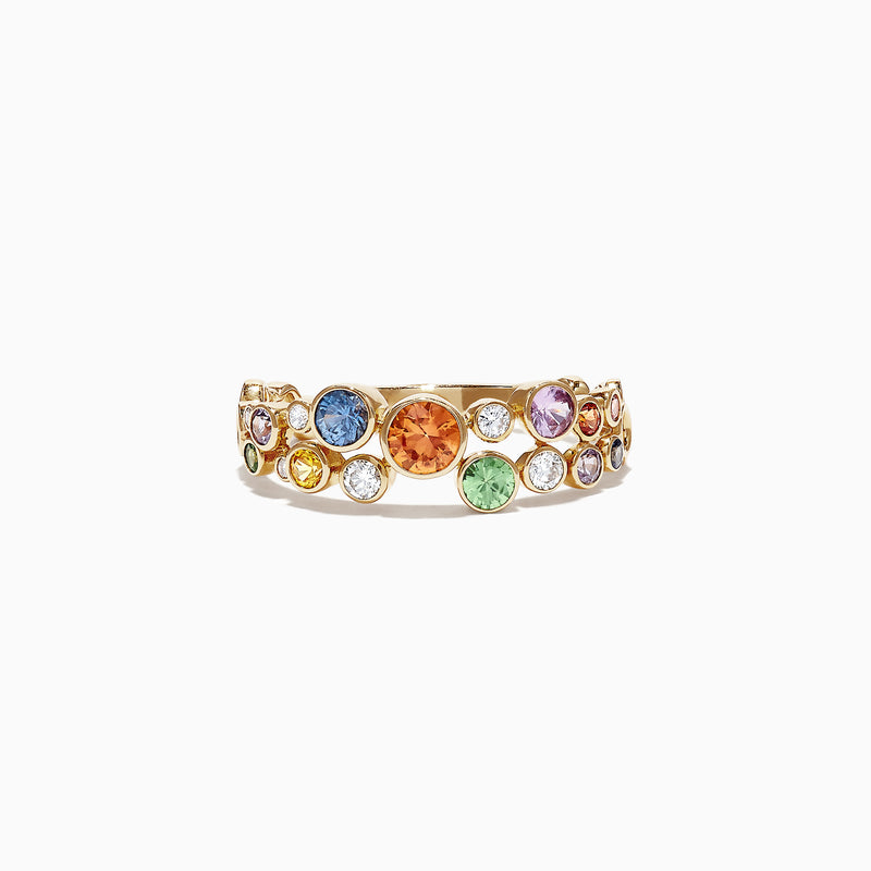 The Watercolors 14K Yellow Gold Multi-Sapphire and Diamond Ring, 1.03 TCW, features scattered blue, orange, green, and purple sapphires with sparkling diamonds in a vibrant design.