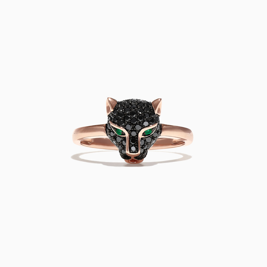 The Signature 14K Rose Gold Black Diamond & Emerald Mini Ring (0.46 TCW) features a panther head design with black diamonds and emerald eyes, shown against a white background.